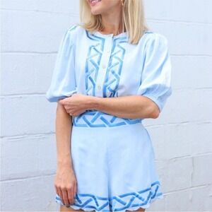 Emily McCarthy Blue Geo Embroidered Scalloped Shorts XS New